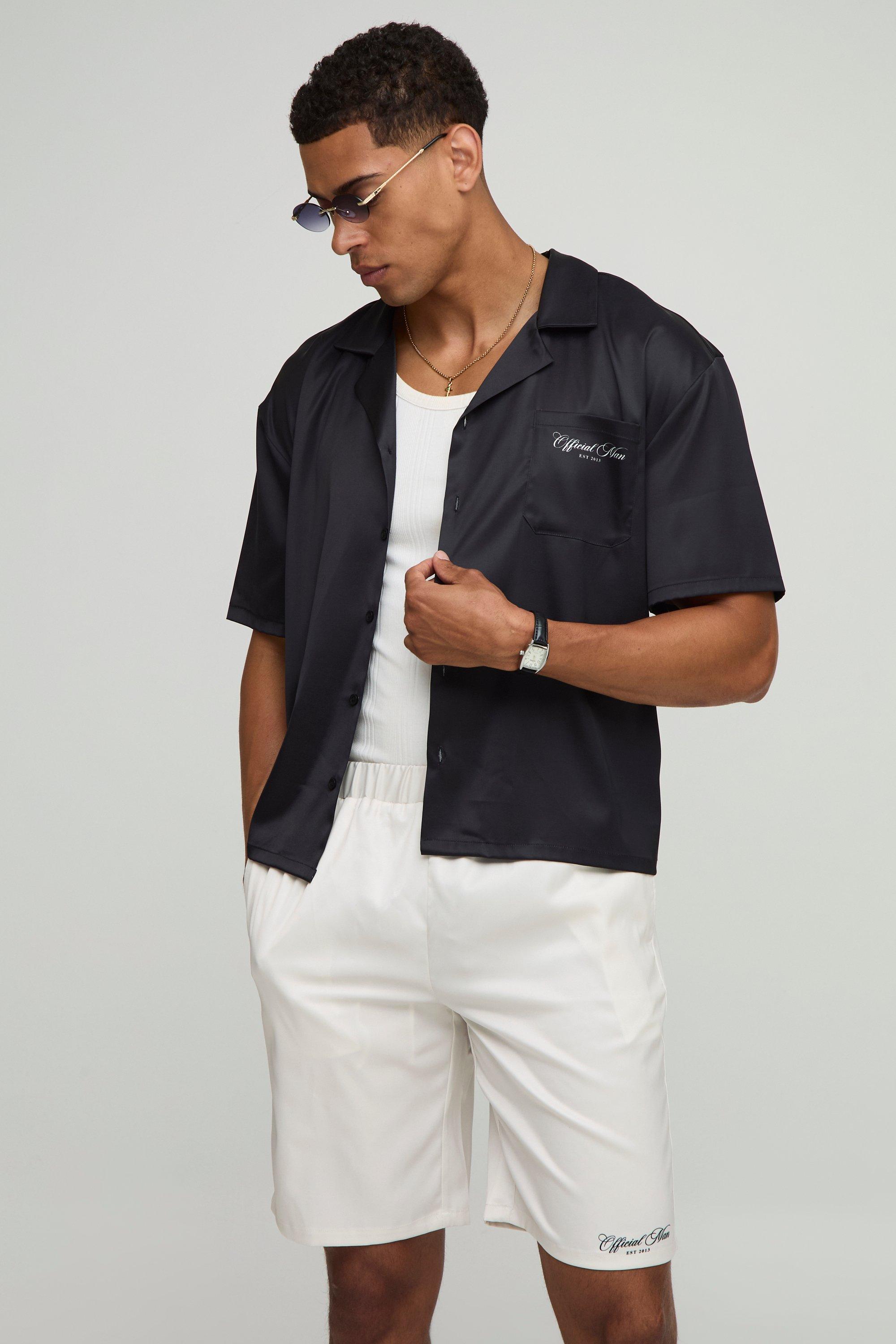 Oversized Boxy Portofiino Print Satin Shirt and Short Set, Nero