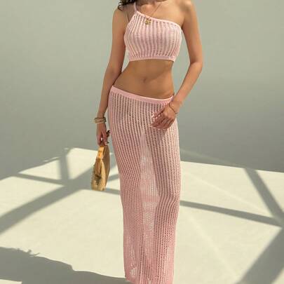 Set da 2 pezzi composto da top asimmetrico sexy da spiaggia per primavera ed estate + gonna lunga a vita ultra bassa a linea H, body con handmade in m