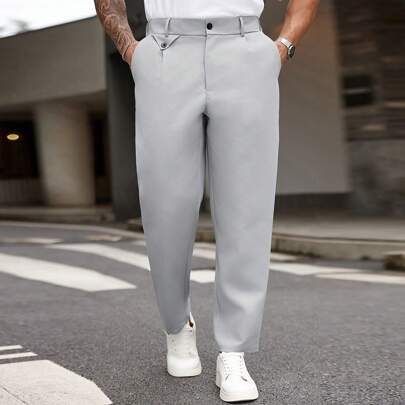 Pantaloni casual dritti, a gamba dritta, con pince e tasche, di colore unito, per uomo taglia oversize