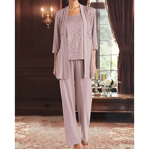 Tuta / Completo Pantalone Tre Pezzi Completo Pantalone Abito da cerimonia per signora Elegante Vintage Semplice Scollo a Barca Lunghezza alla caviglia