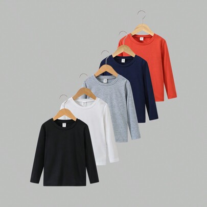 Set da 5 pezzi Magliette basic a girocollo tinta unita per ragazzi in nero, bianco, blu, giallo, grigio