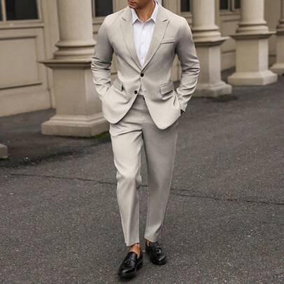 1 set giacca e pantaloni coordinati, giacca monopetto a tinta unita con maniche lunghe e pantaloni coordinati con tasche