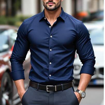 Camicia elegante classica da uomo in blu navy, camicia a maniche lunghe con colletto e bottoni, bestseller internazionale! Camicia blu navy attillata,