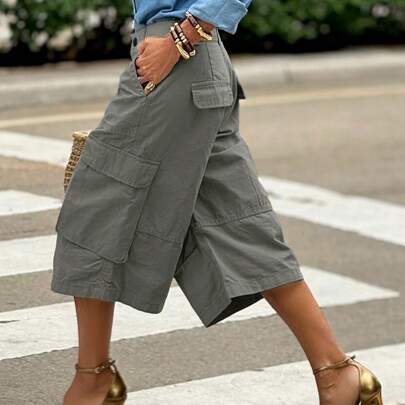 Nuovi pantaloncini cargo casual da donna con tasche, colore tinta unita