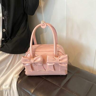 Borsa a mano mini in pelle di poliuretano rosa alla moda con decorazione a fiocco, borsa vintage mini a cilindro