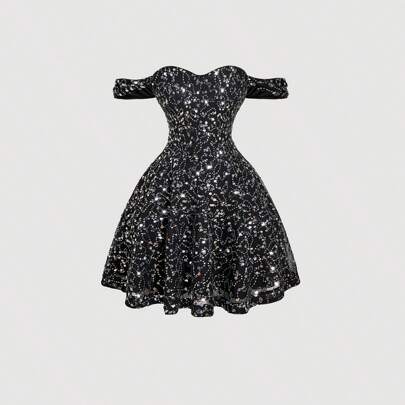 Vestito mini da donna con spalle scoperte e paillettes, vestito da cerimonia, vestito rosso, vestito da fata, vestito tubo, vestito da fata, vestito d