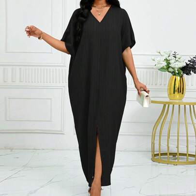 Abito tunica midi casual verde a maniche a pipistrello con spacco, vestito estivo casual, vestito da spiaggia, vestito da cerimonia per ospiti di matr
