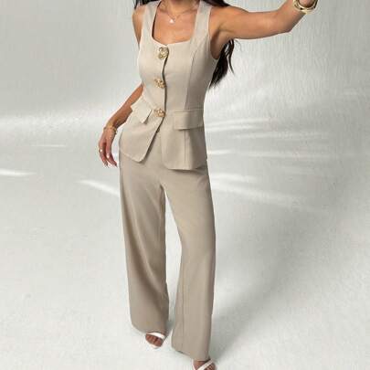 Giacca da tailleur con bottone decorativo in metallo + Pantaloni da tailleur, completo da donna elegante per pendolarismo estivo