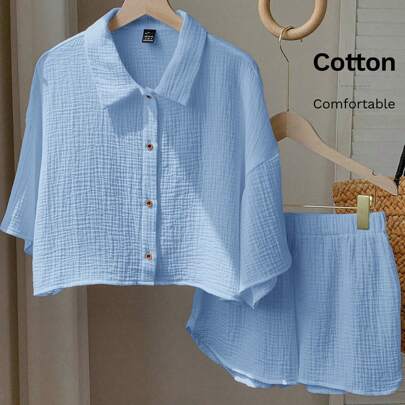 2 pezzi Set camicia e pantaloncini estivi blu da donna per vacanze