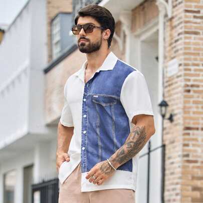 Camicia casual da uomo con effetto jeans in stampa digitale
