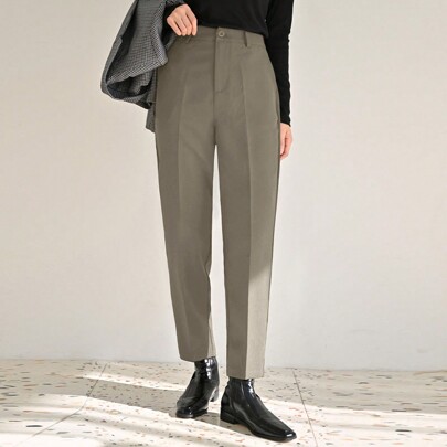 Pantaloni da tailleur a pieghe di colore unito e a gamba stretta, adatti per l'ufficio e gli spostamenti, pantaloni eleganti da donna