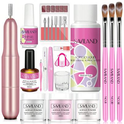 Set di unghie in acrilico durevole Saviland con trapano per unghie, 3 colori di polvere acrilica, liquido acrilico, pennello acrilico per unghie, prim