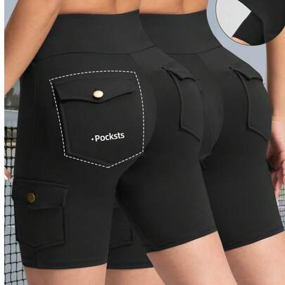 2 Pezzi Set di pantaloncini da yoga ad asciugatura rapida, pantaloncini cargo Bermuda sportivi casual da donna di colore unito con tasche