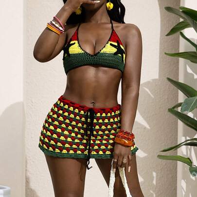 2 pezzi Bikini con top triangolare e gonna, fantasia floreale, e set di maglione lavorato a maglia color-block, per festival musicali estivi 2025, Pas