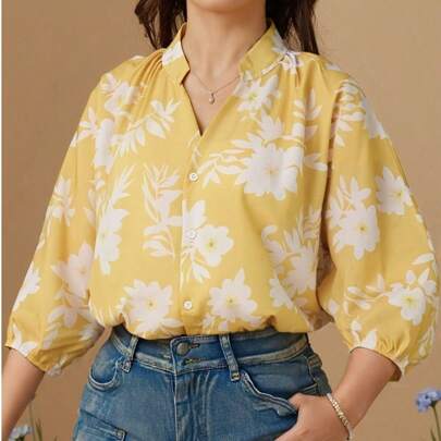 Abbigliamento per donne di taglia comoda, camicie da donna francesi estive, camicie casual a maniche corte fluide, camicie gialle a fantasia floreale