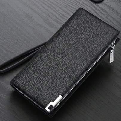 Portafoglio in pelle lungo da uomo - Portafoglio clutch in vera pelle nera alla moda con zip, con scomparti multipli, design durevole e di stile adatt