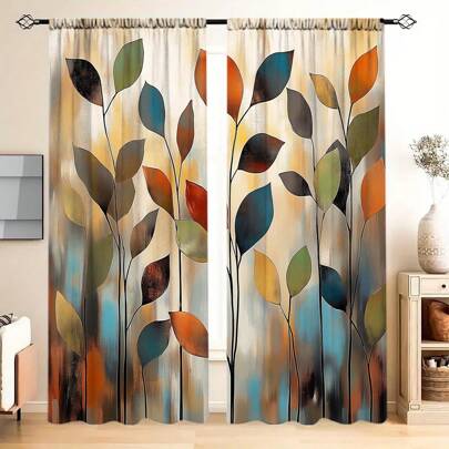 2 pezzi di tende moderne e minimaliste con motivo a foglie, tende classiche con tasca per asta, in velluto pesca e beige, semi-trasparenti, con funzio
