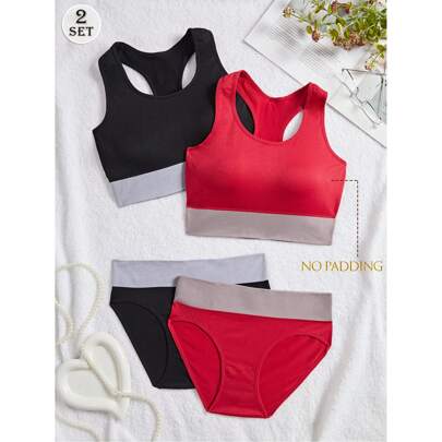 2 set donna maglietta aderente con scollo a ciurillo, reggiseno sportivo con inserto a contrasto, mutande a vita alta, completi intimo e lingerie per