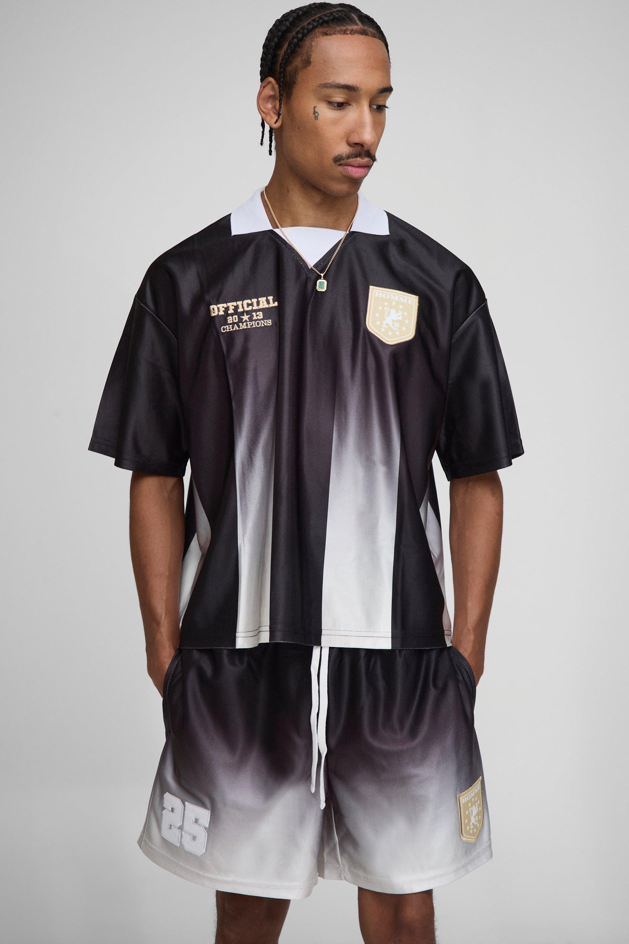 Oversized Boxy Ombre Stripe Sports Polo Shorts Set, Nero