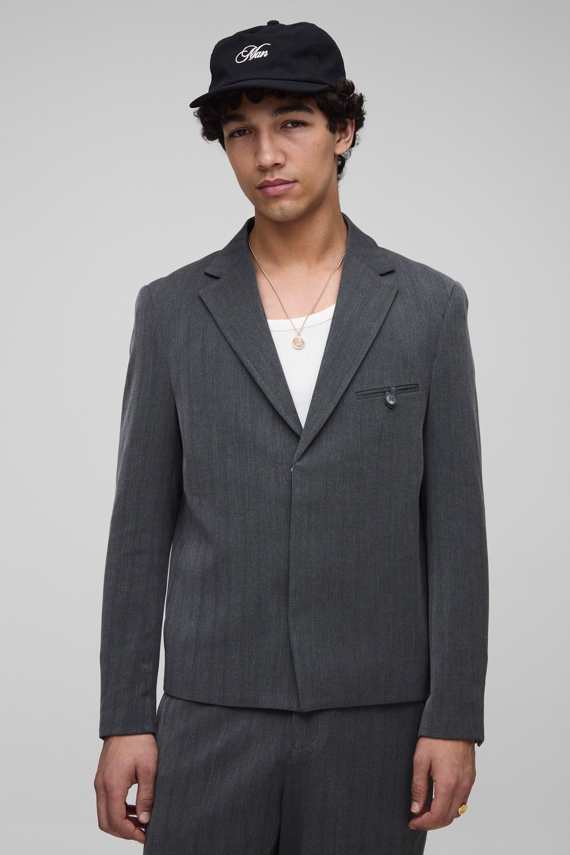 Oversized Boxy Herringbone Suit Blazer, Grigio