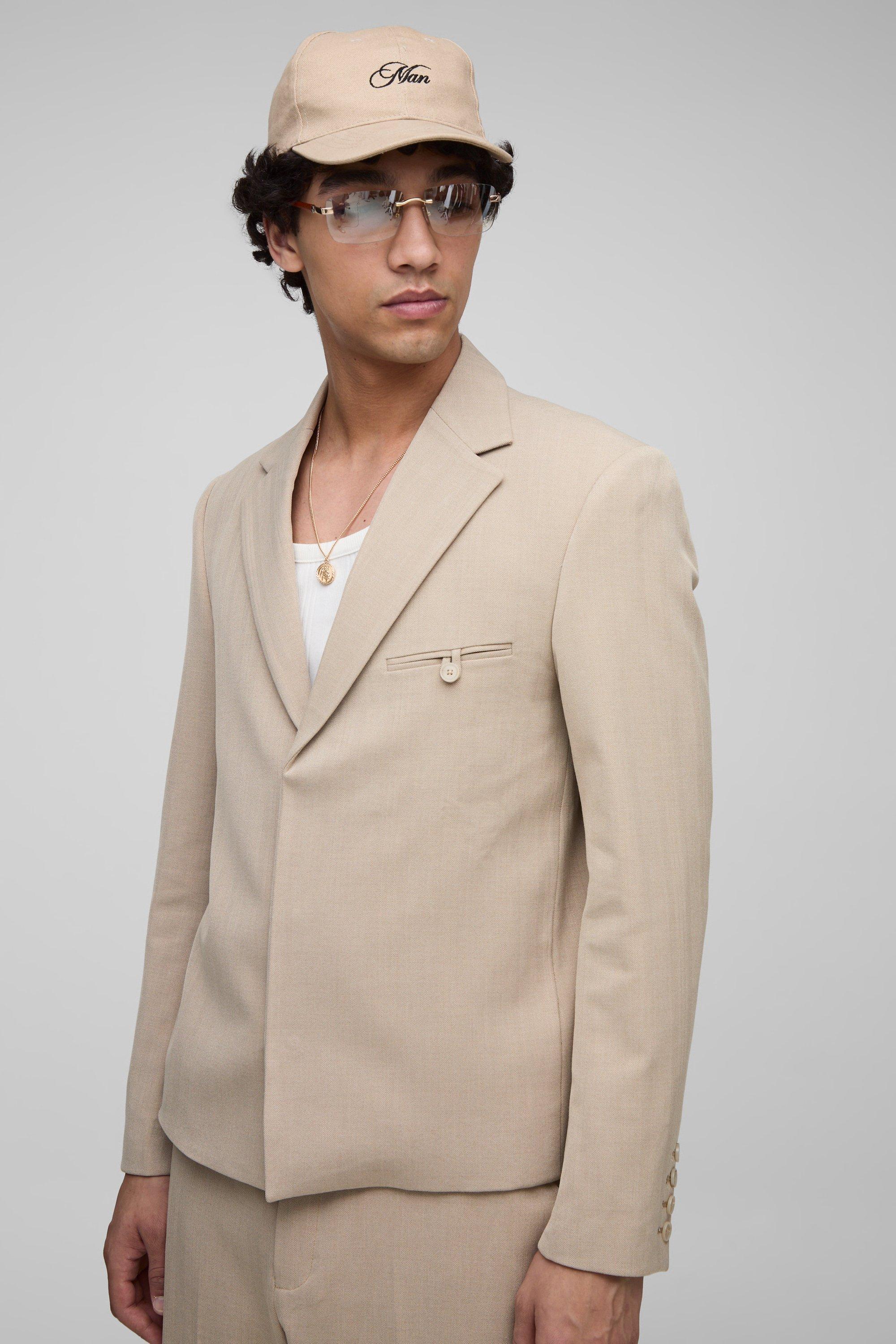 Oversized Boxy Herringbone Suit Blazer, Beige