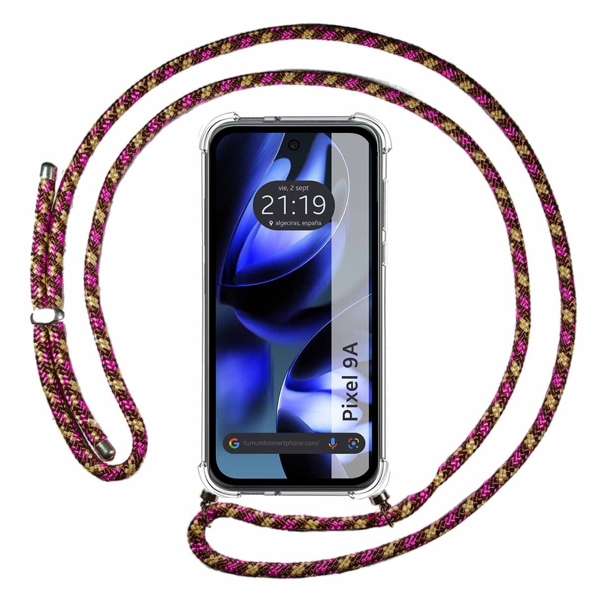 Custodia Trasparente Appesa Per Google Pixel 9A 5G Con Corda Rosa / Dorata