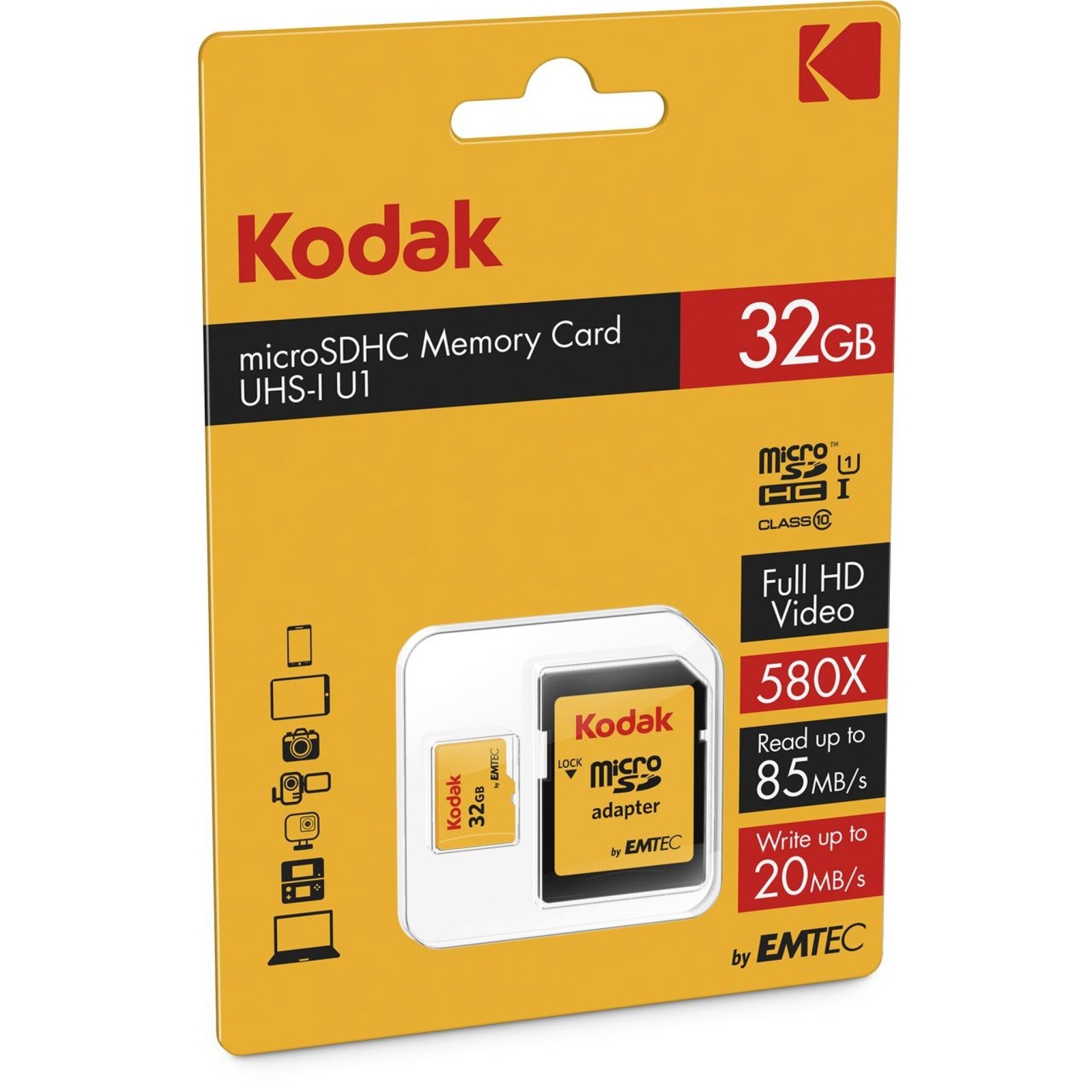 Kodak Memoria 32GB MicroSDHC 85/MBs Classe 10 U1 580X con adattatore