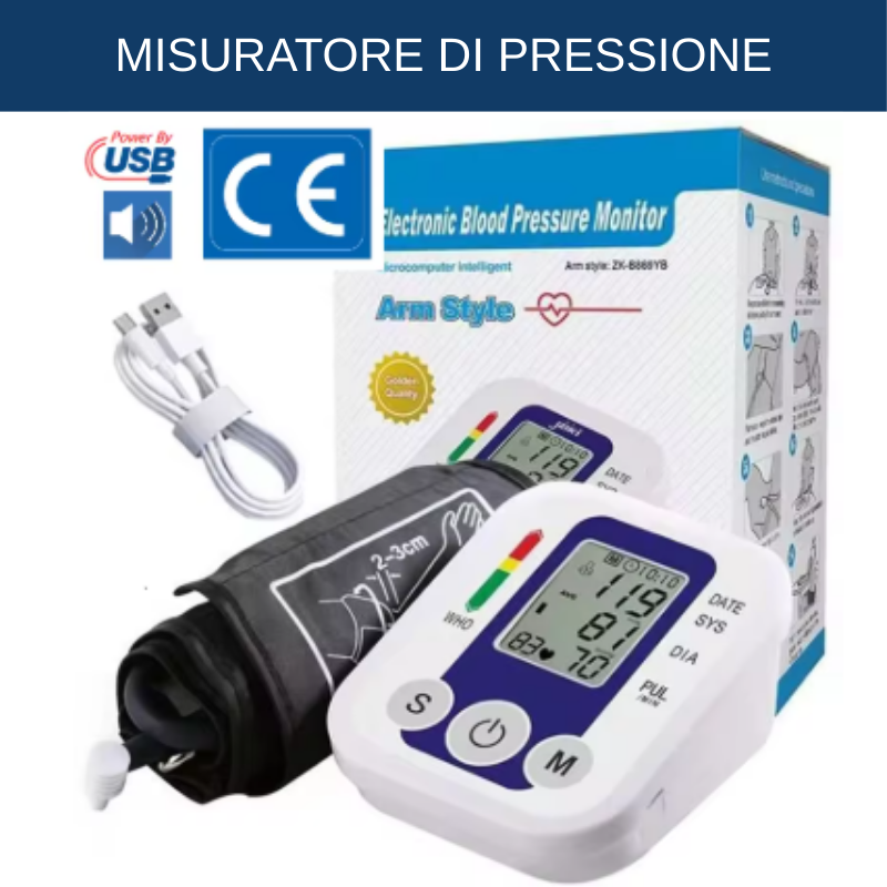 MISURATORE DI PRESSIONE ARTERIOSA DIGITALE DA BRACCIO – LCD | USB/AAA |