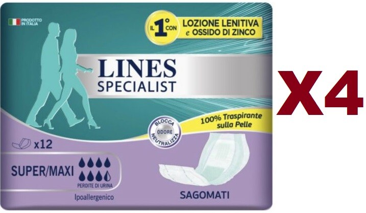 4 PZ LINES SPECIALIST SAGOMATI DA 12 PANNOLONI PER ADULTI IPOALLERGENICO