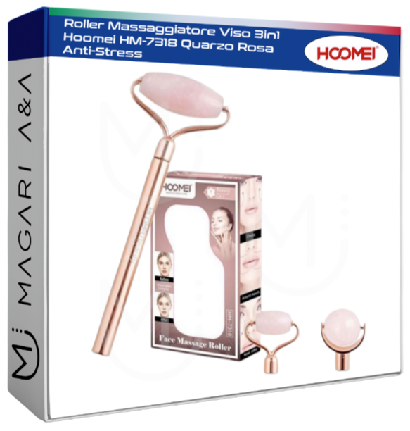Roller Massaggiatore Viso 3in1 Hoomei HM-7318 Quarzo Rosa Anti-Stress