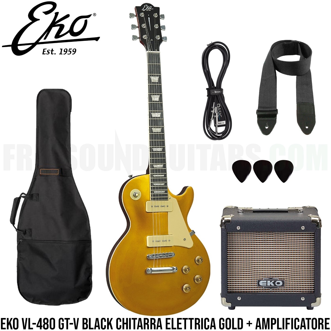 Eko VL-480 GT Chitarra Elettrica Gold Kit + Accessori + Custodia e Amplificatore