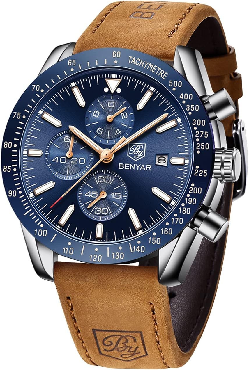 BENYAR Orologio da Uomo Cronografo Analogico Movimento al Quarzo Marrone Blu