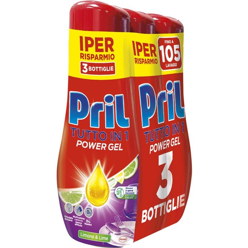 PRIL TUTTO IN 1 GEL 0% RESIDUI MULTIAZIONE 105 LAVAGGI LIMONE E LIME 3X630ML
