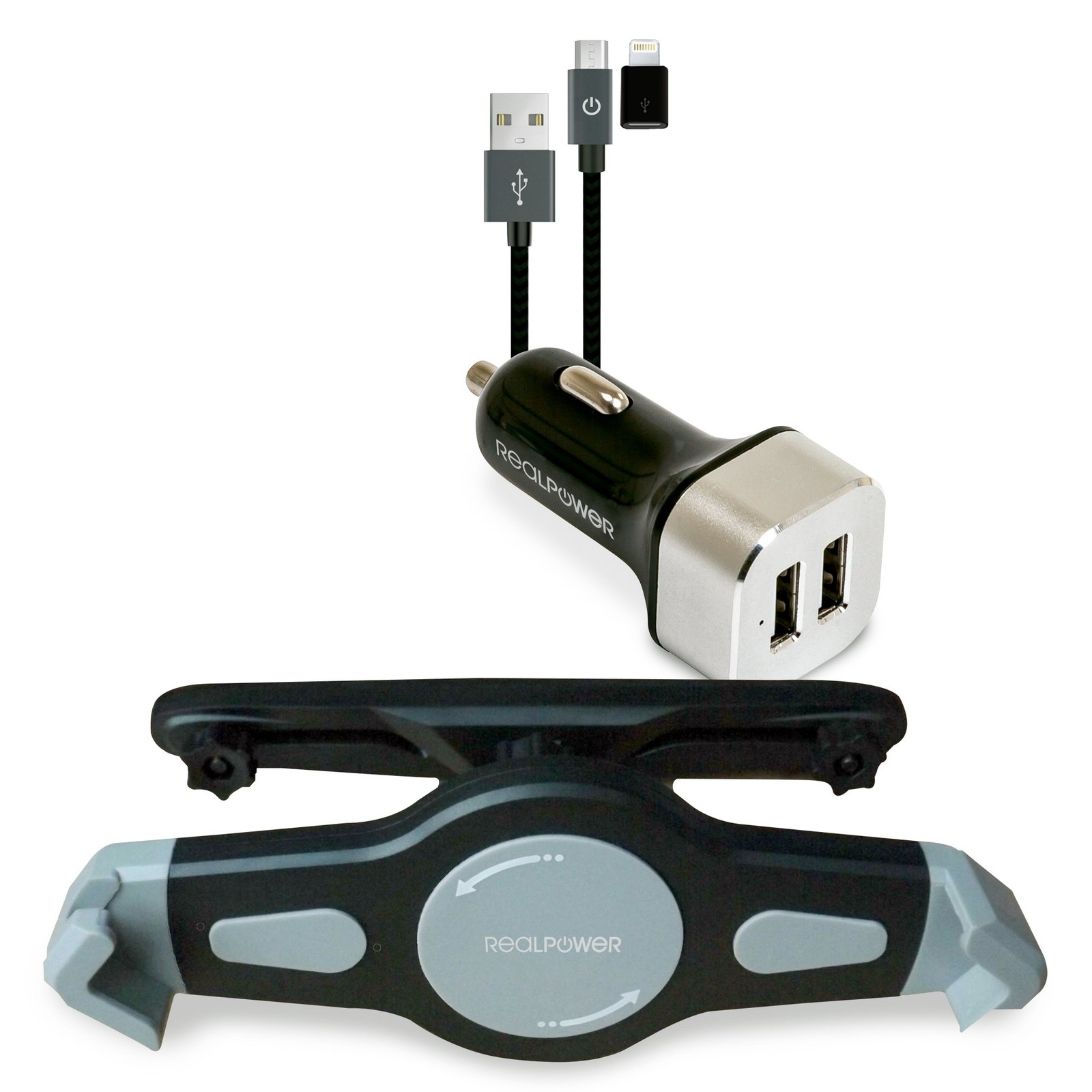 RealPower KFZ-Ladegerat Set + Kabel + Halterung Ta NUOVO