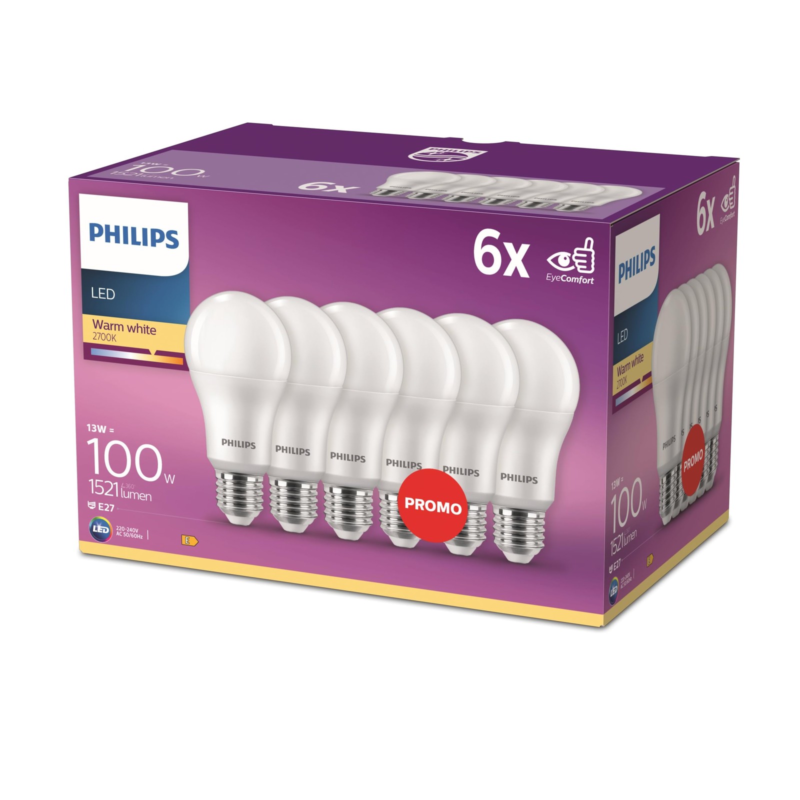Philips LED Classic E27 confezione da 6 lampade (100 W), lampade LED opache con