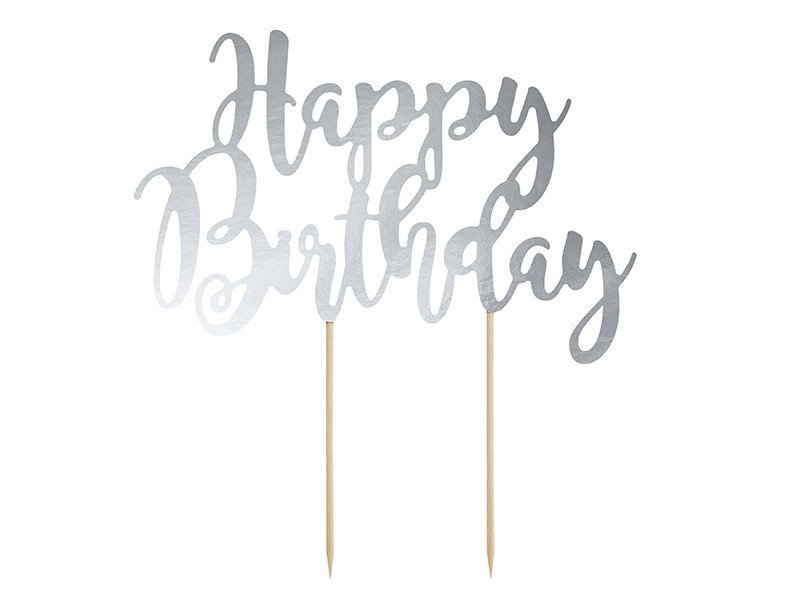 Cake topper scritta Happy Birthday argento Cm. 22,5