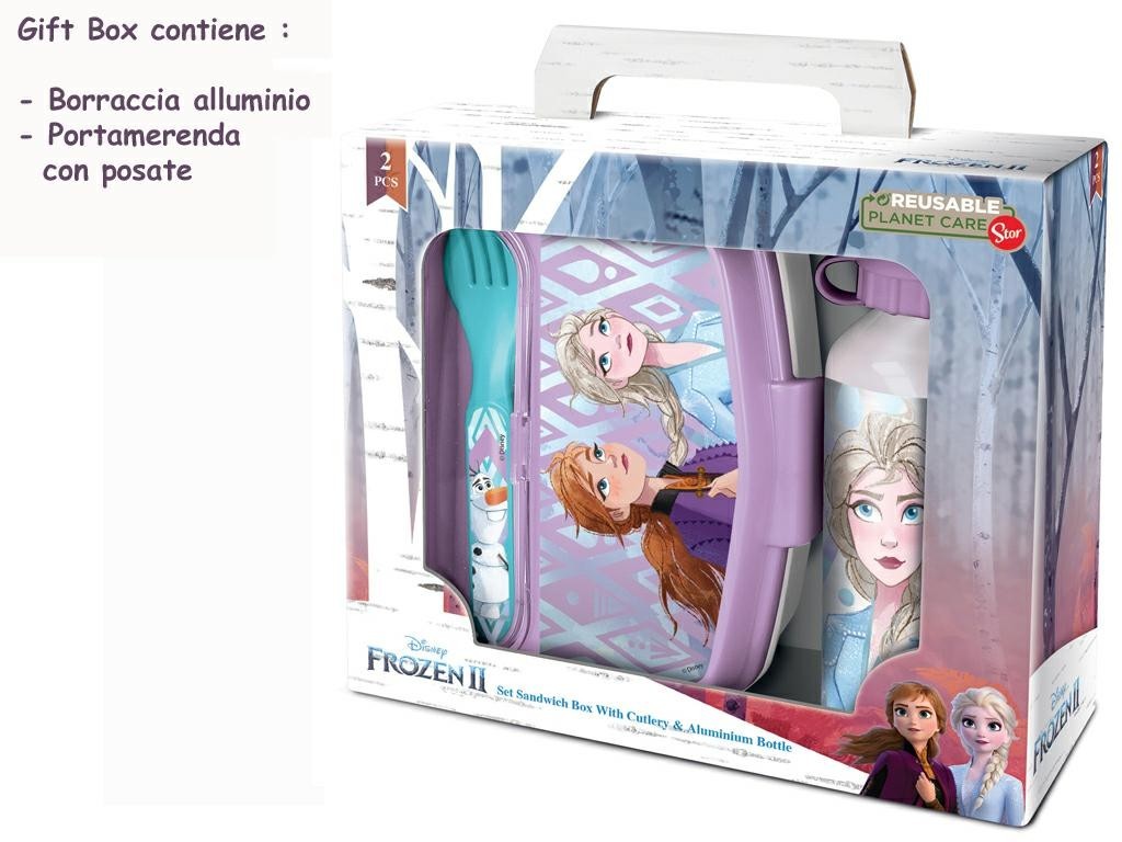 Set regalo con borraccia alluminio e portapranzo con posate Frozen II