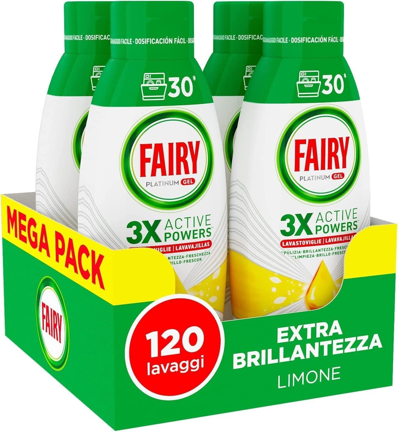 Fairy Detersivo Lavastoviglie Gel Liquido 120 Lavaggi Confezione Da 4 Bottiglie