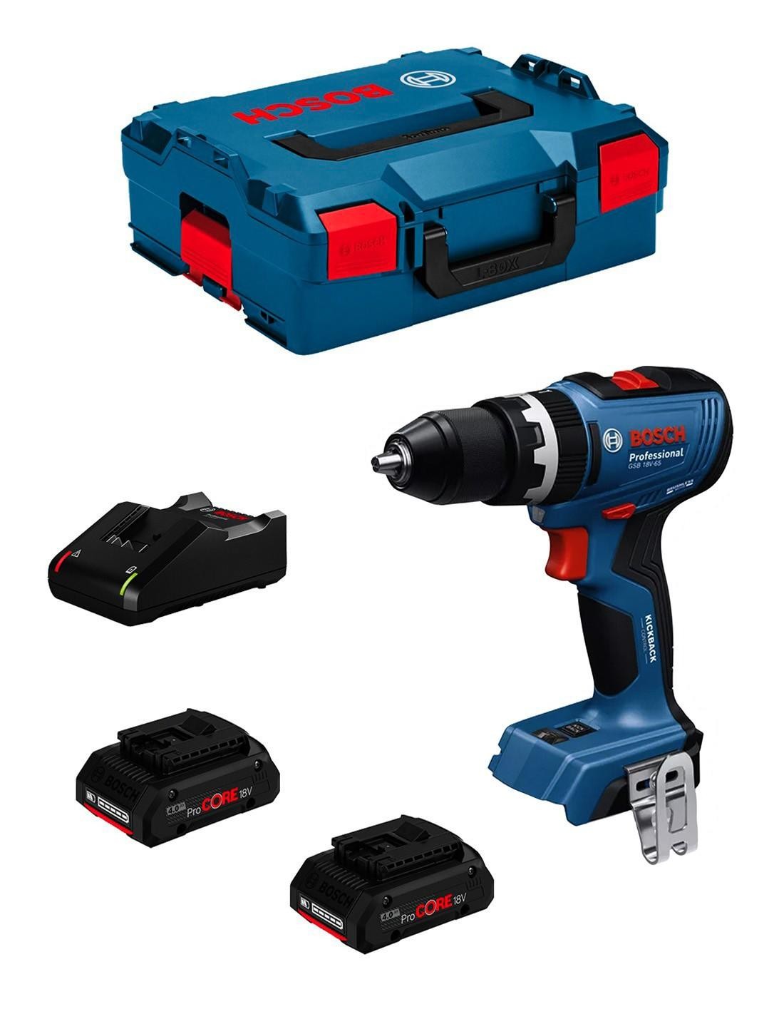 Trapano a Percussione BOSCH GSB 18V-65 (2 x 4,0 Ah ProCORE + GAL 18V-40 + L-Boxx