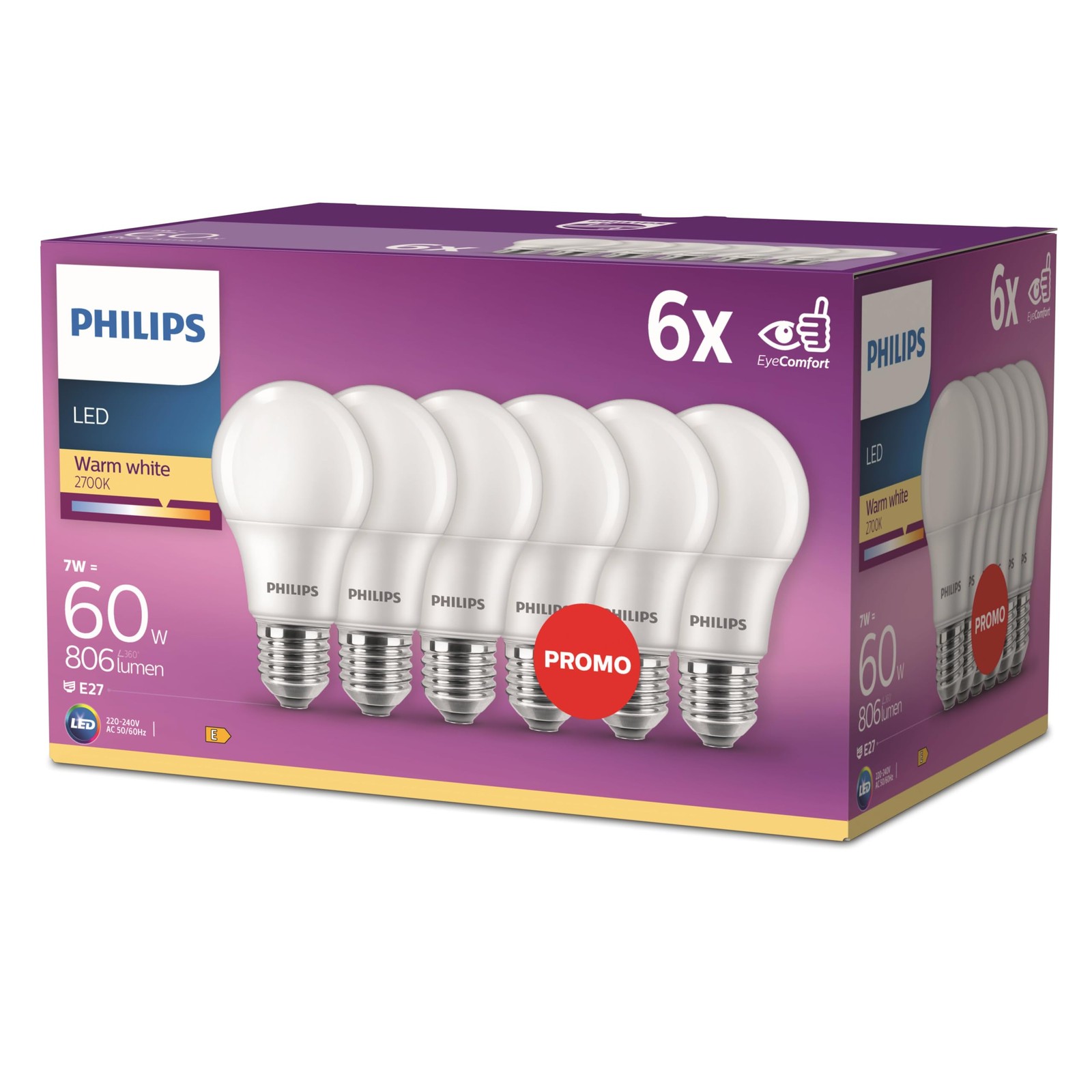 Philips LED Classic E27 confezione da 6 lampade (60 W), lampade LED opache con l