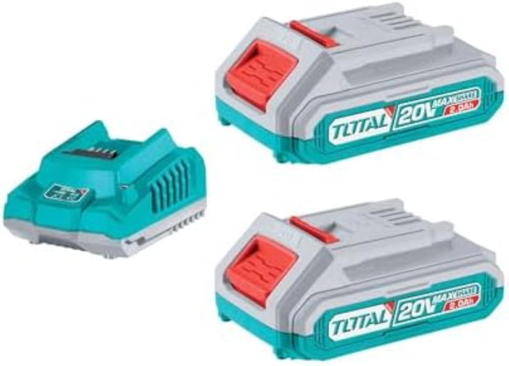 TOTAL - Confezione da 2 batterie 2 Ah e caricabatterie rapido, 20 V - 2 Ah, per