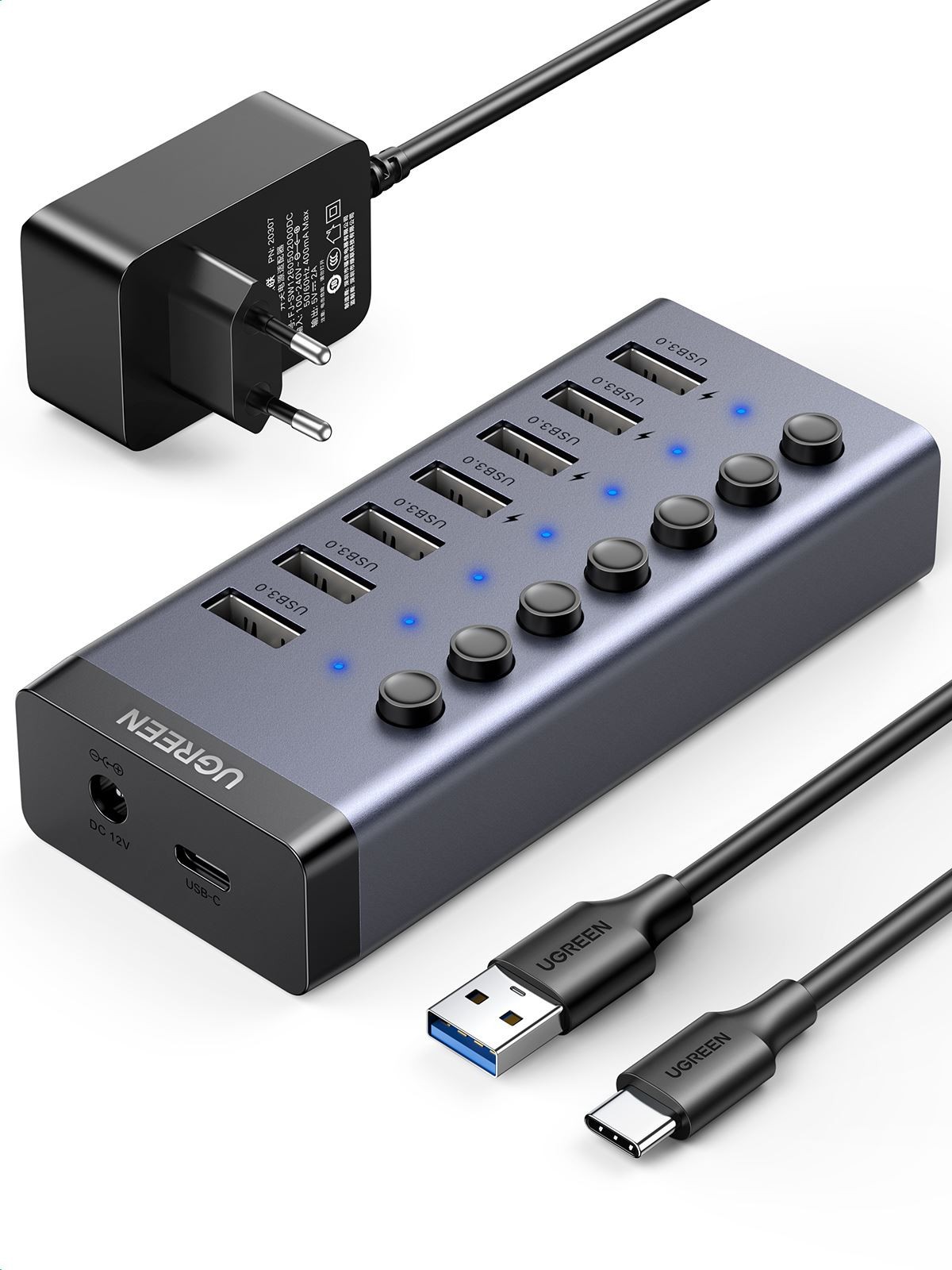 7-Port USB Hub ( Usb-A 3.0, 4 Porte di Ricarica) Con 12V/2A Potenza Scorta, Gray