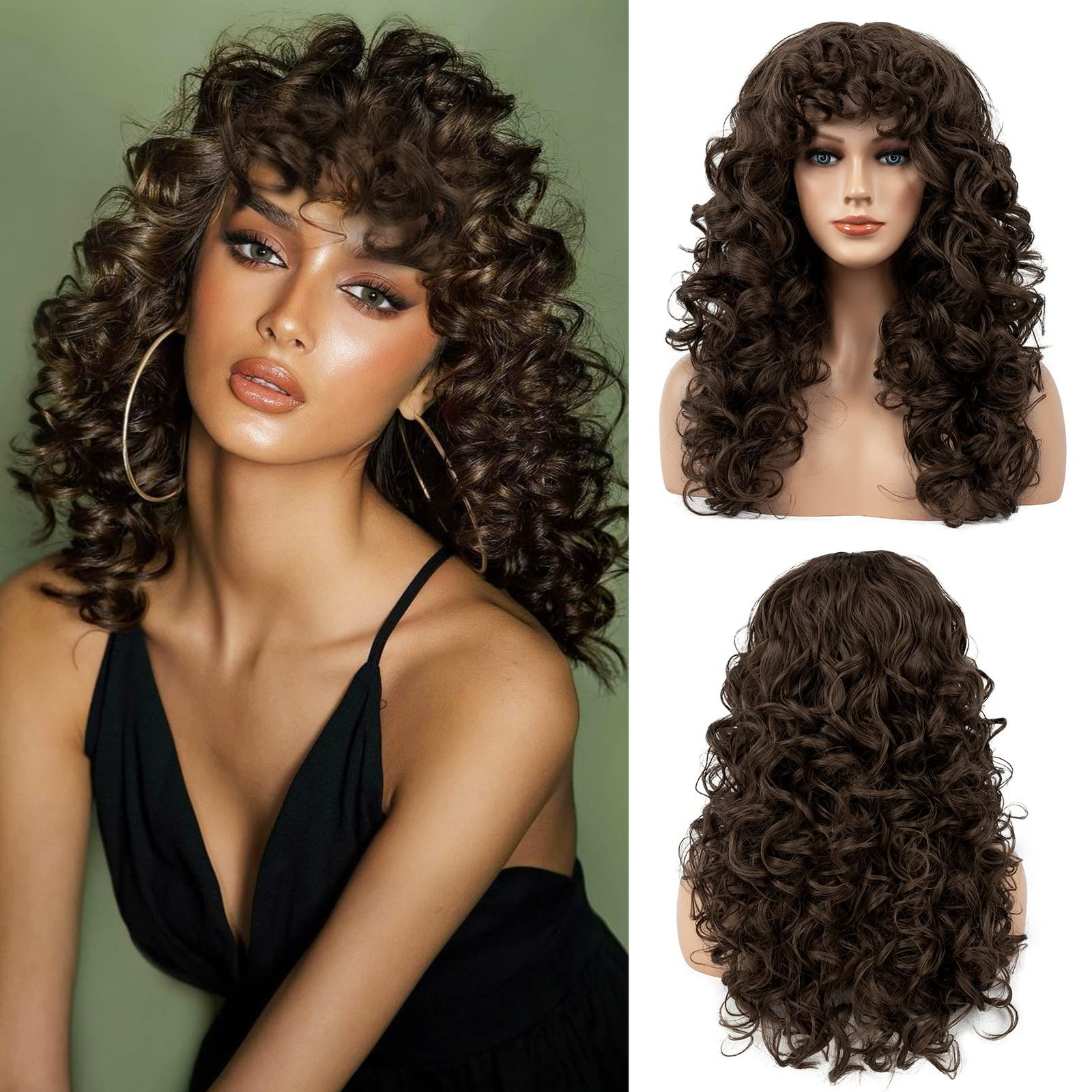 FLUFYMOOZ Curly wig with bangs parrucca riccia con frangia da donna, (J7a)