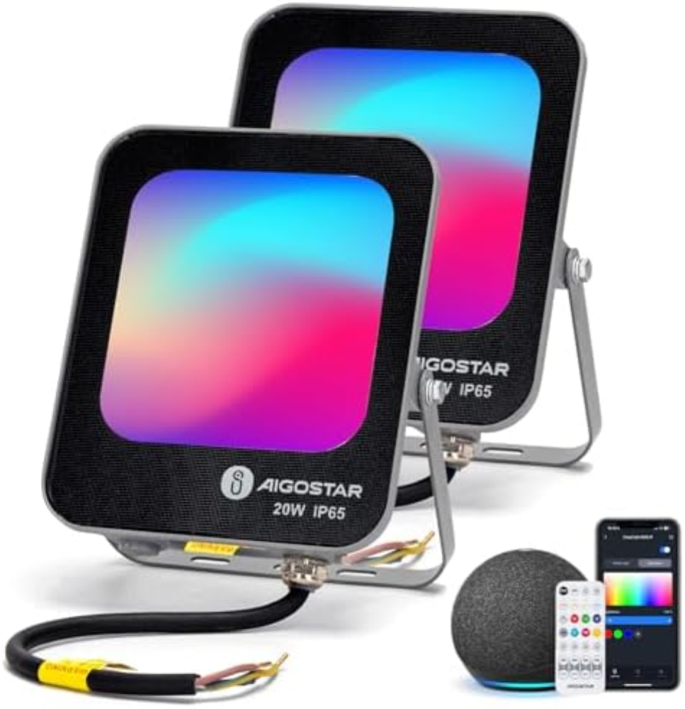 Aigostar Mesh - Faretto LED RGBW Esterno Proiettore, Bluetooth Mesh 20W 1800LM F