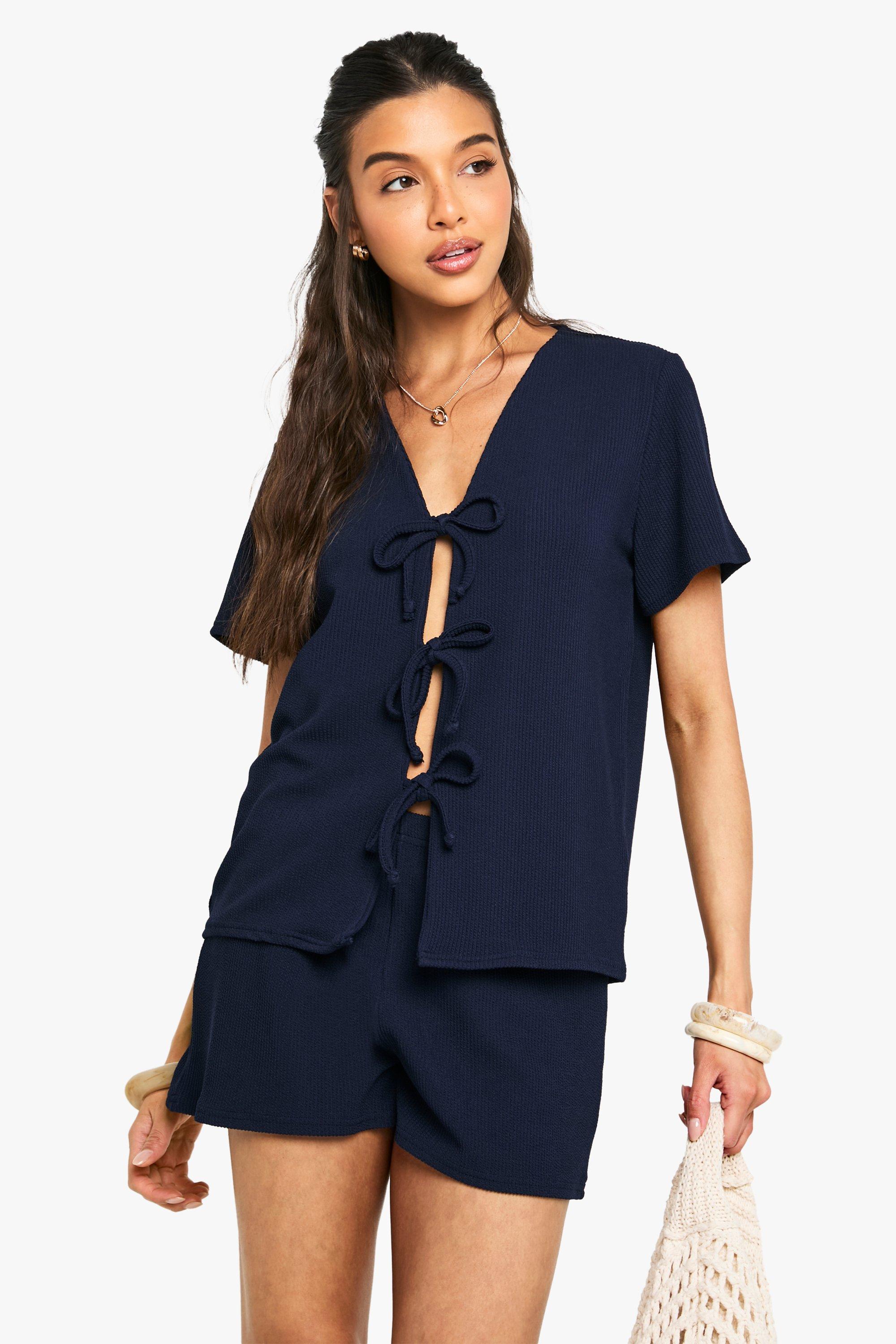 Rib Tie Front Short Sleeve Top And Short Set, Navy