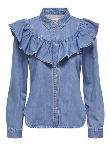 Only Shirt Onlindigo Ls Frill Dnm-Maglietta Qyt Noos, Media Blu Denim, M Donna