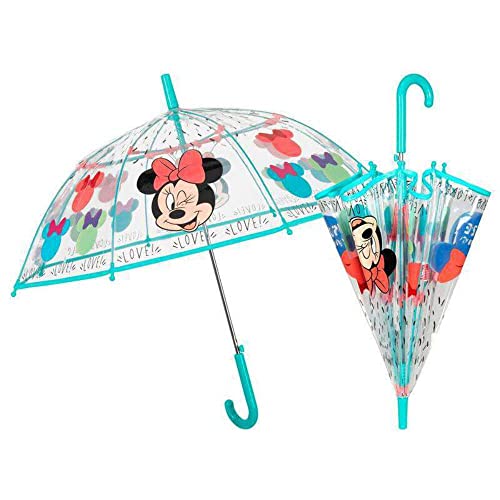 Parapluie Cloche Transparente Pour Fille - Minnie - Parapluie Disney - Résistant Au Vent - Poignée Turquoise