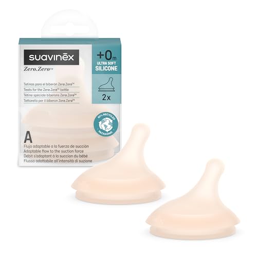 Suavinex, Confezione Da 2 Tettarelle Per Biberon Anti-Coliche Zero Zero, Flusso Adattabile (A) Si Adatta Alla Forza Di Suzione Del Bambino, Tettarella