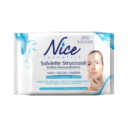 Nice Salviette Struccanti Per Viso, Occhi E Labbra, Con Aloe Vera, Bisabololo E Vitamina E, Dermatologicamente E Oftalmologicamente Testate, Confezion