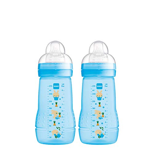 Mam Easy Active Set Di 2 Borraccia Per Bambini (270 Ml), Con Tettarella Mam, Misura 1, In Silicone Skinsoft, Forma Ergonomica, 0 Mesi, Colore: Blu, Is